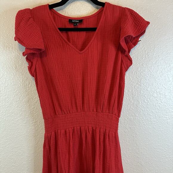 MSK MIDI dress Women’s Cotton Gauzy Size L Red Summer Lightweight Split Flutter - Picture 3 of 7